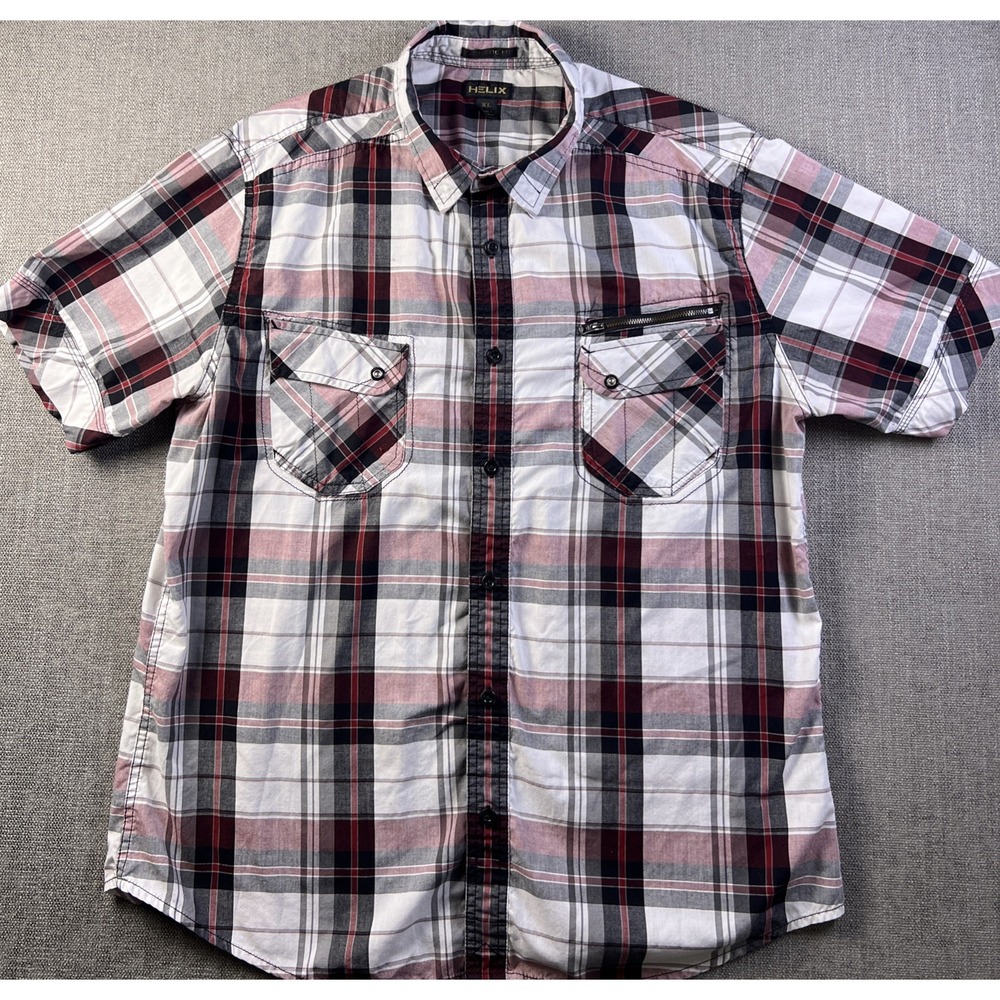 Helix Mens XL Short Sleeve Plaid Button Up Shirt Multi-Pocket Zipper Western